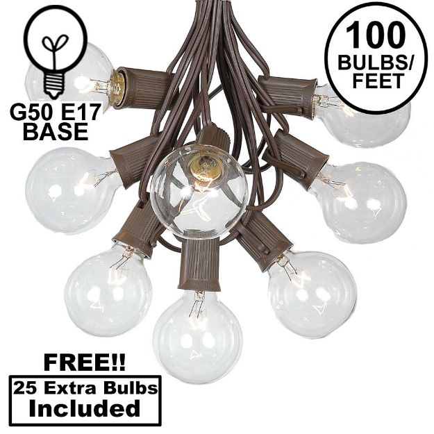 100 G50 Globe Light String Set with Clear Bulbs on Brown Wire