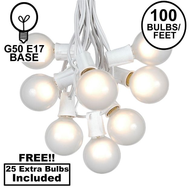 100 G50 Globe Light String Set with Frosted White Bulbs on White Wire