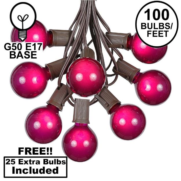 100 G50 Globe Light String Set with Purple Bulbs on Brown Wire