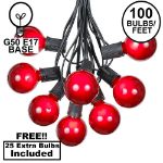 100 G50 Globe Light String Set with Red Bulbs on Black Wire