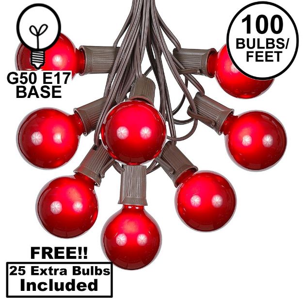 100 G50 Globe Light String Set with Red Bulbs on Brown Wire