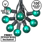 100 G50 Globe Light String Set with Green Bulbs on Black Wire