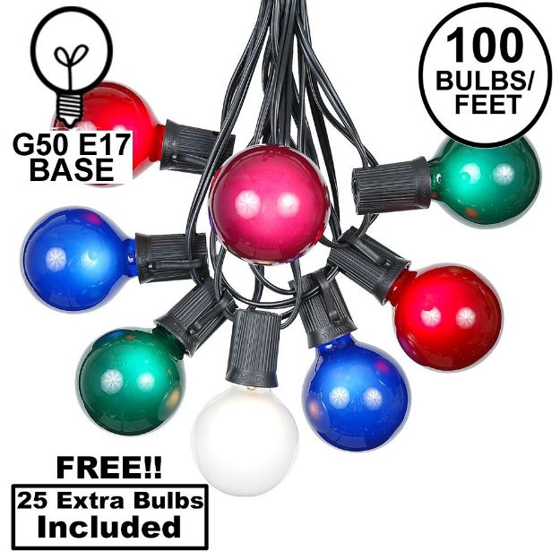 100 G50 Globe Light String Set with Multi Bulbs on Black Wire