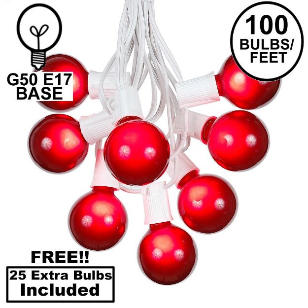 100 G50 Globe Light String Set with Red Bulbs on White Wire