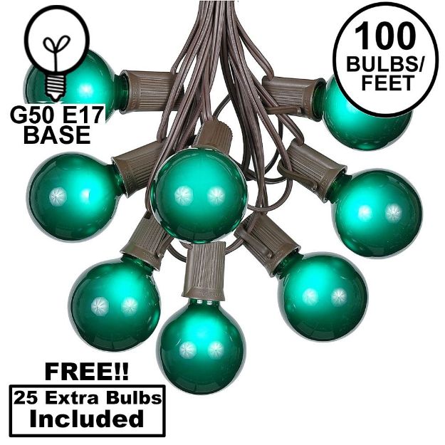 100 G50 Globe Light String Set with Green Bulbs on Brown Wire