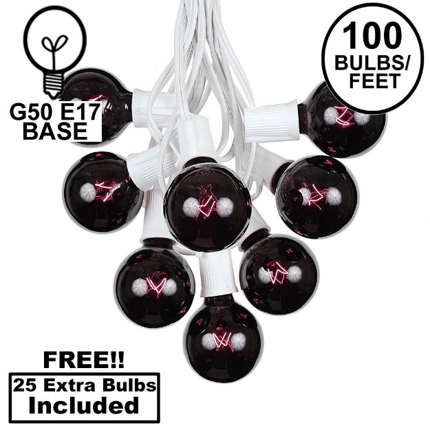 100 G50 Globe Light String Set with Black Light Bulbs (Very Dark Purple) on White Wire