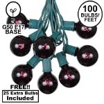 100 G50 Globe Light String Set with Black Light Bulbs (Very Dark Purple) on Green Wire