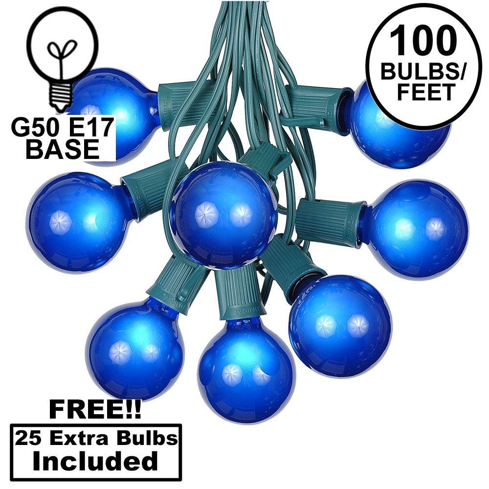 100 Blue G50 Globe String Light Set on Green Wire Novelty Lights