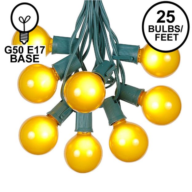 25 G50 Globe Light String Set with Yellow (gold) Bulbs on Green Wire 