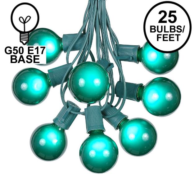 25 G50 Globe Light String Set with Green Bulbs on Green Wire 