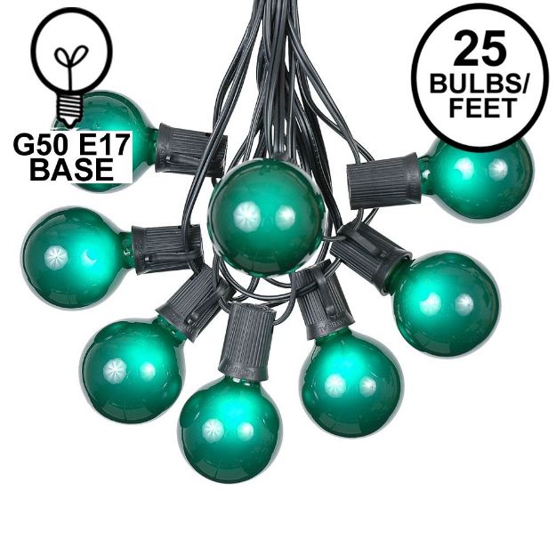 25 G50 Globe Light String Set with Green Bulbs on Black Wire