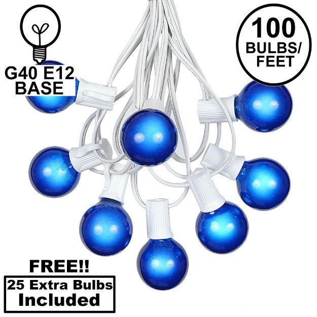 100 G40 Globe String Light Set with Blue Satin Bulbs on White Wire