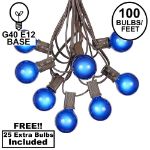 100 G40 Globe String Light Set with Blue Bulbs on Brown Wire