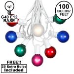 100 G40 Globe String Light Set with Multi Colored Satin Bulbs on White Wire