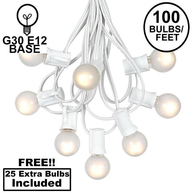 100 G30 Globe String Light Set with Frosted White Bulbs on White Wire