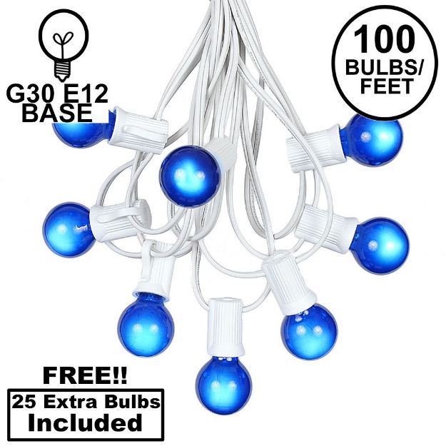 100 G30 Globe String Light Set with Blue Satin Bulbs on White Wire