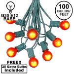 100 G30 Globe String Light Set with Orange Satin Bulbs on Green Wire