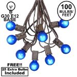 100 G30 Globe String Light Set with Blue Satin Bulbs on Brown Wire