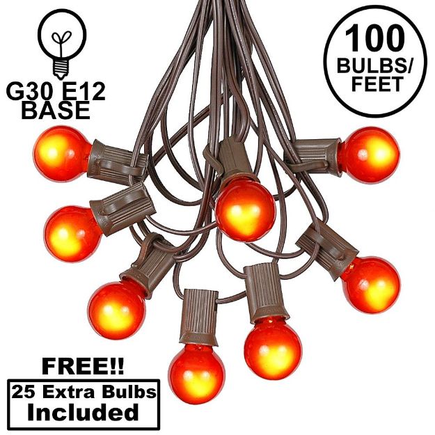 100 G30 Globe String Light Set with Orange Satin Bulbs on Brown Wire