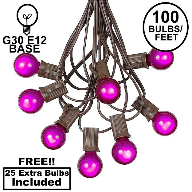 100 G30 Globe String Light Set with Purple Satin Bulbs on Brown Wire