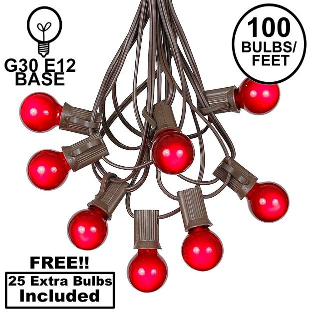 100 G30 Globe String Light Set with Red Satin Bulbs on Brown Wire