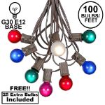100 G30 Globe String Light Set with Multi Colored Satin Bulbs on Brown Wire