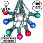 100 G30 Globe String Light Set with Multi Colored Satin Bulbs on Green Wire