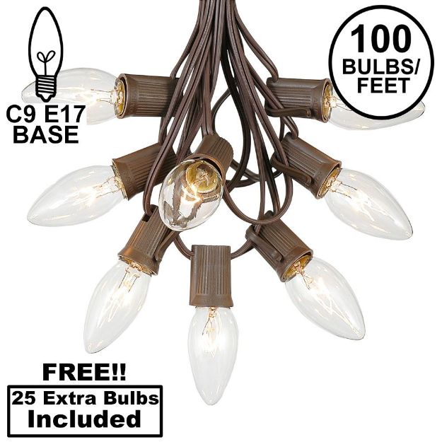100 C9 Christmas Light Set - Clear Bulbs - Brown Wire