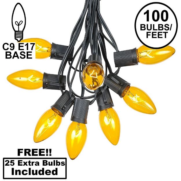 100 C9 Christmas Light Set - Yellow Bulbs - Black Wire