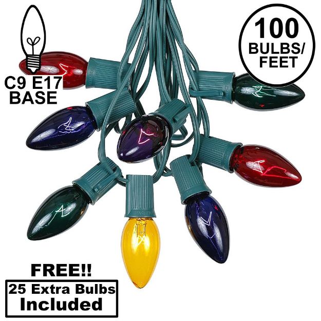100 C9 Christmas Light Set - Assorted Bulbs - Green Wire