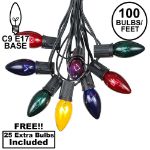 100 C9 Christmas Light Set - Assorted Bulbs - Black Wire
