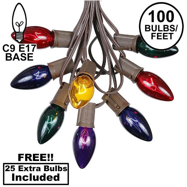100 C9 Christmas Light Set - Assorted Bulbs - Brown Wire
