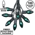 100 C9 Christmas Light Set - Green Bulbs - Black Wire