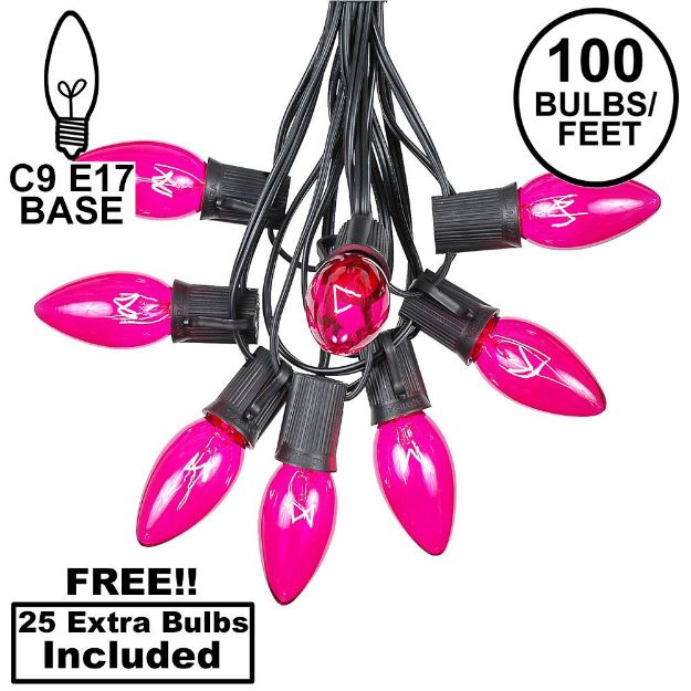 100 C9 Christmas Light Set - Pink Bulbs - Black Wire