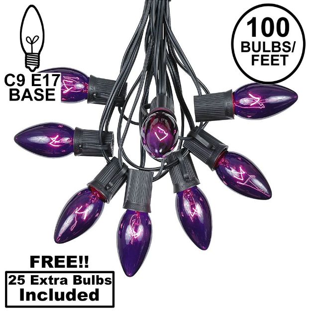 100 C9 Christmas Light Set - Purple Bulbs - Black Wire