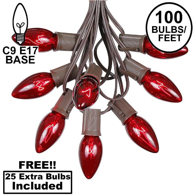 100 C9 Christmas Light Set - Red Bulbs - Brown Wire