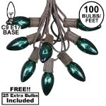 100 C9 Christmas Light Set - Green Bulbs - Brown Wire