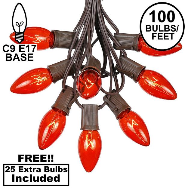 100 C9 Christmas Light Set - Orange Bulbs - Brown Wire