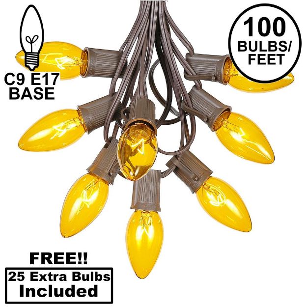 100 C9 Christmas Light Set - Yellow Bulbs - Brown Wire