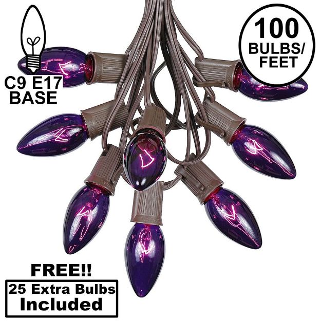 100 C9 Christmas Light Set - Purple Bulbs - Brown Wire