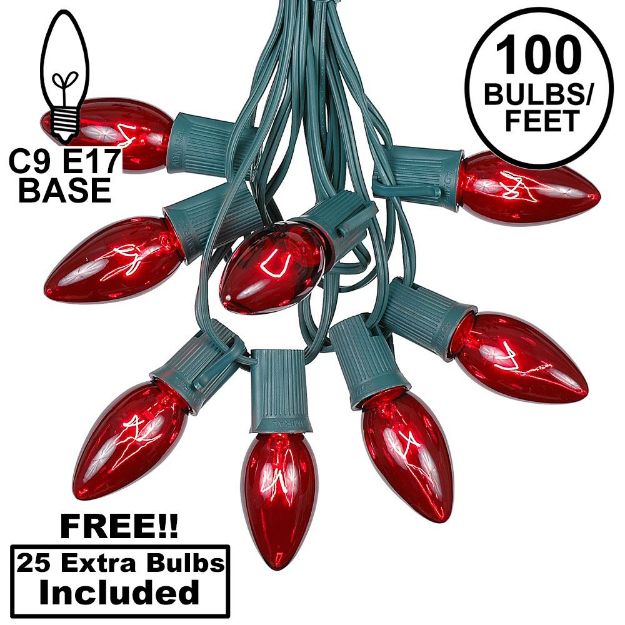 100 C9 Christmas Light Set - Red Bulbs - Green Wire