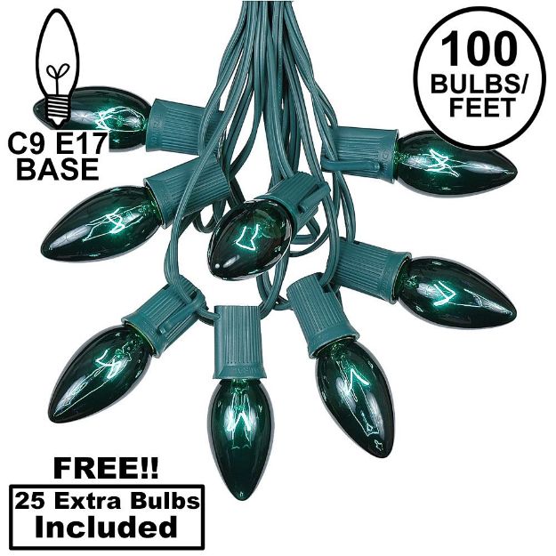 100 C9 Christmas Light Set - Green Bulbs - Green Wire