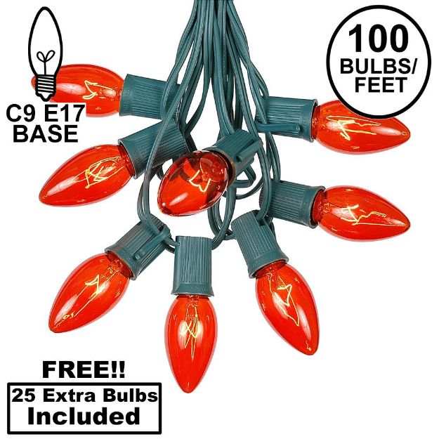 100 C9 Christmas Light Set - Orange Bulbs - Green Wire
