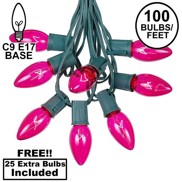 100 C9 Christmas Light Set - Pink Bulbs - Green Wire