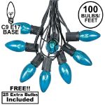 100 C9 Christmas Light Set - Teal Bulbs - Black Wire