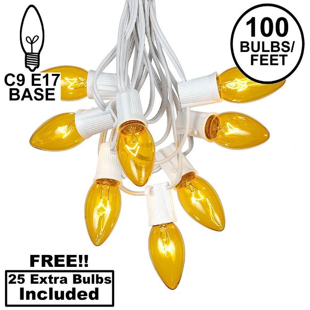 100 C9 Christmas Light Set - Yellow Bulbs - White Wire