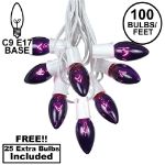 100 C9 Christmas Light Set - Purple Bulbs - White Wire