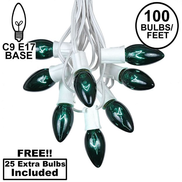 100 C9 Christmas Light Set - Green Bulbs - White Wire