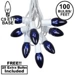 100 C9 Christmas Light Set - Blue Bulbs - White Wire
