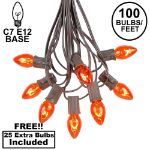 100 C7 String Light Set with Orange Bulbs on Brown Wire